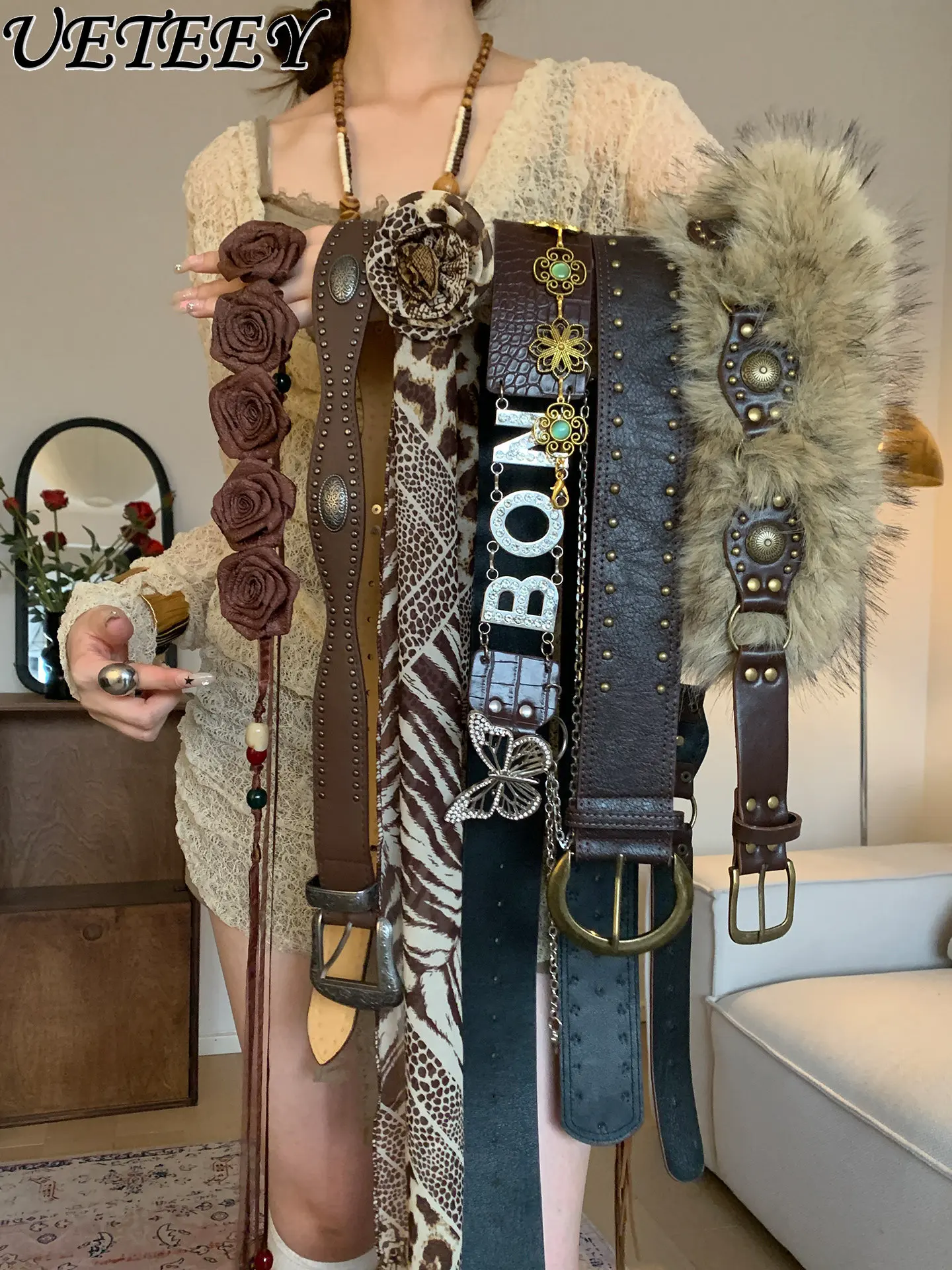 

Винтажный коричневый ремень в западном стиле с заклепками для женщин, нишевый цветочный пояс для платьев и джинсов, модный аксессуар для одежды