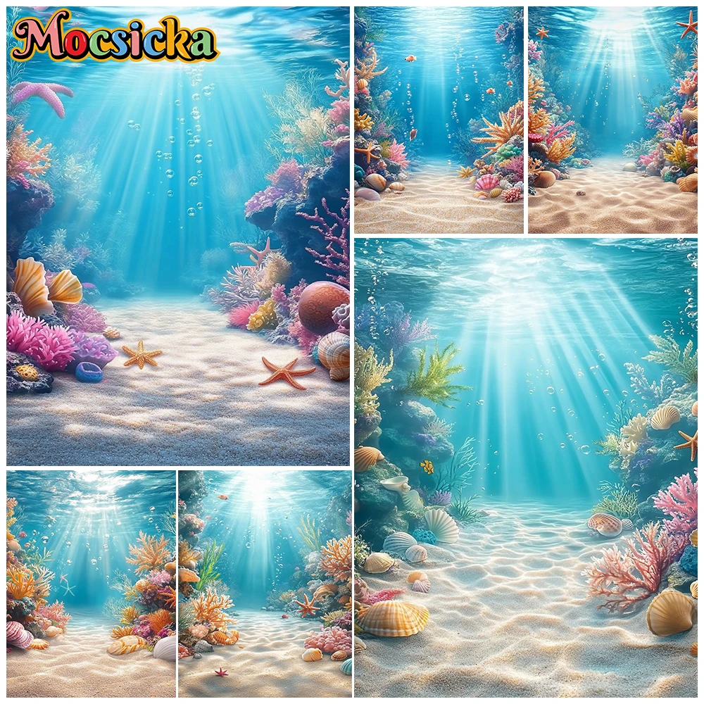 Mocsicka Underwater Ocean Photography Backdrop Tropical Coral Reef Seashells Sunlight Background Kids Photoshoot Studio Tapestry