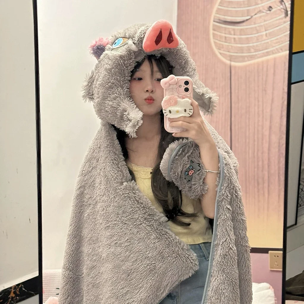 Thickened Wild Boar Hooded Blanket Pig Head Inosuke Soft Flannel Cloak Cosplay Hat for Adults Cloak Xmas Gifts