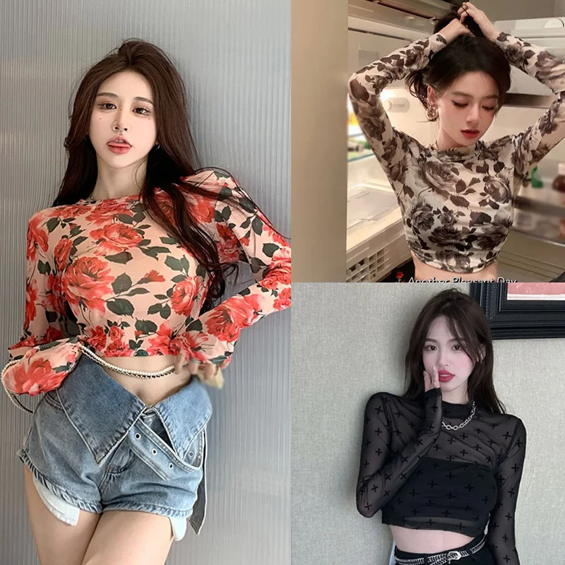 Women Long Sleeve T-Shirt Spring Autumn Flower Print Slim Fit Pullovers Fashion Expose Navel O Neck Basic Tee Lady Sexy Crop Top