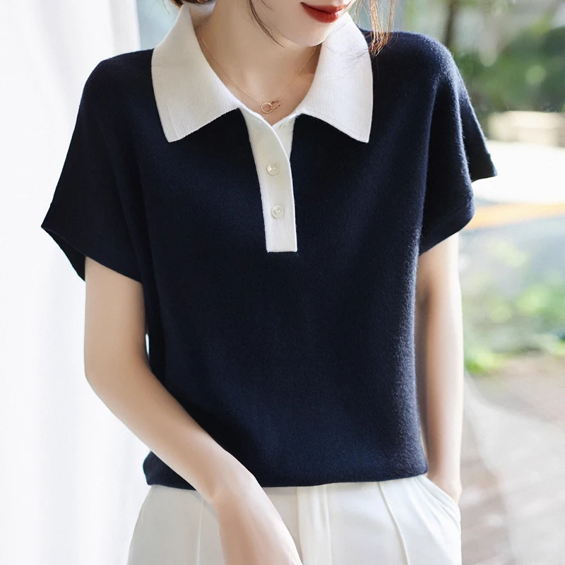 Summer Turn Down Collar Knitted Sweater Women Tops Pullovers Blusas Mujer De Moda 2024 Short Sleeve Knit Women Sweater F388