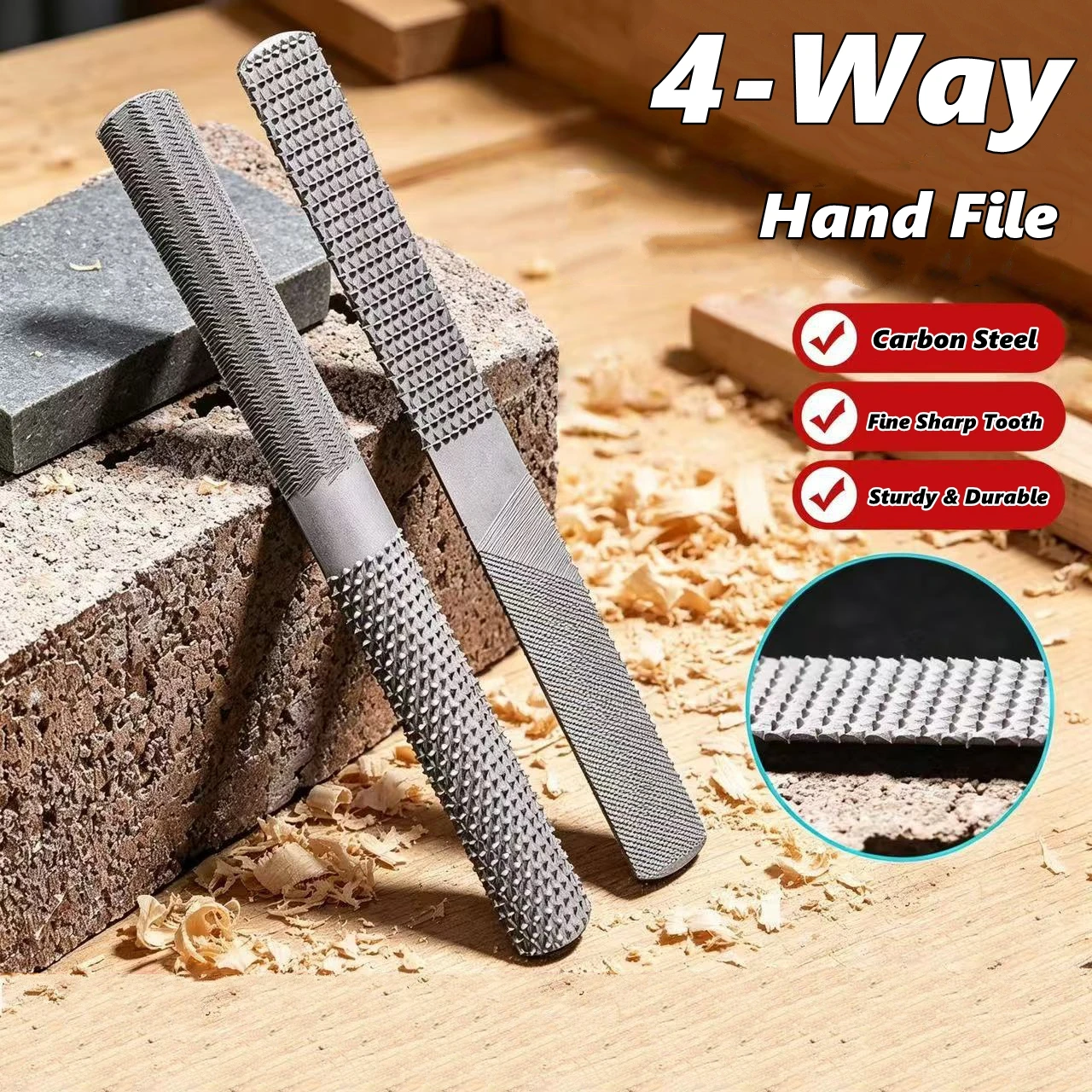 4 IN 1 Wood Carving Files Rasp Wooden Rotating Burrs File Double-cut Alloy Square Flat Half Round Filling Needle Woodworking