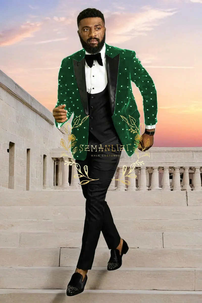 Luxury Beading Burgundy Velvet Men Suits Homme Groom Tuxedos Wedding Party Terno Masculino Slim Fit 3 Pieces Jacket Vest Pants