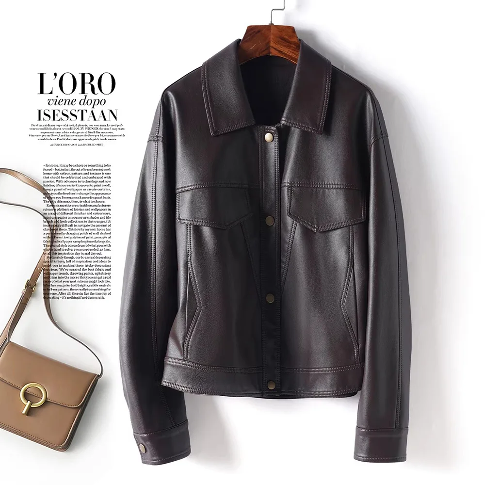 New Women Casual Split Leather Jacket Spring Autumn Fashion Turn-down Collar Long Sleeve Short Coat Daily Slim Leather Jacket view 5