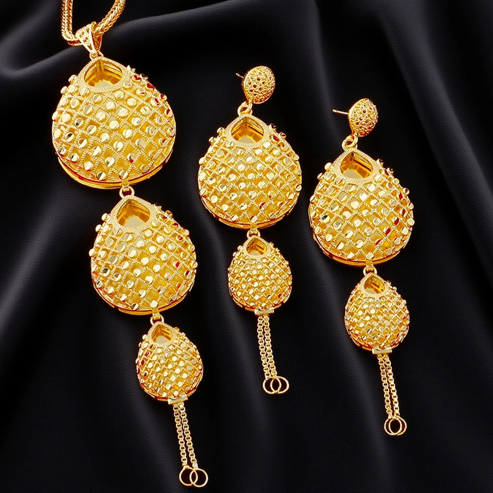 

Luxury Dubai Jewelry Earrings Necklace Jewelry Sets For Women India Gold Color Spain Bridal Charm Jewelry Gift for Party Wedding