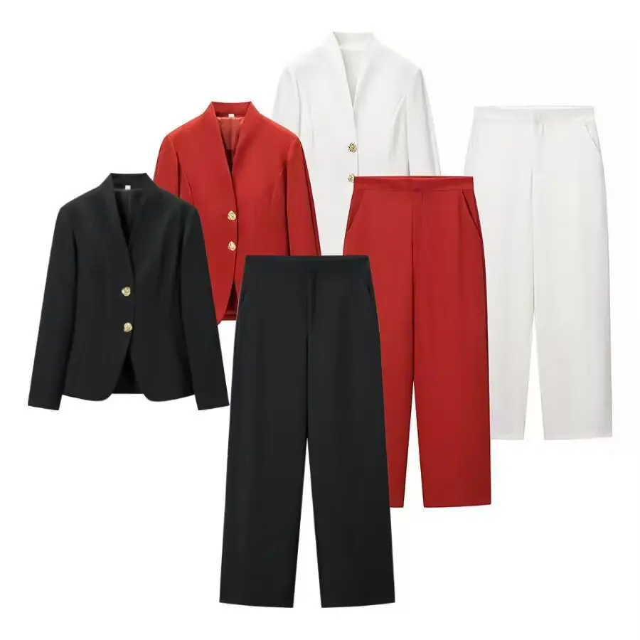 

Withered European And American Women's Deep V-neck Waist Cinched Metal Buckle Suit Top+wide Leg Pants Two-piece Set
