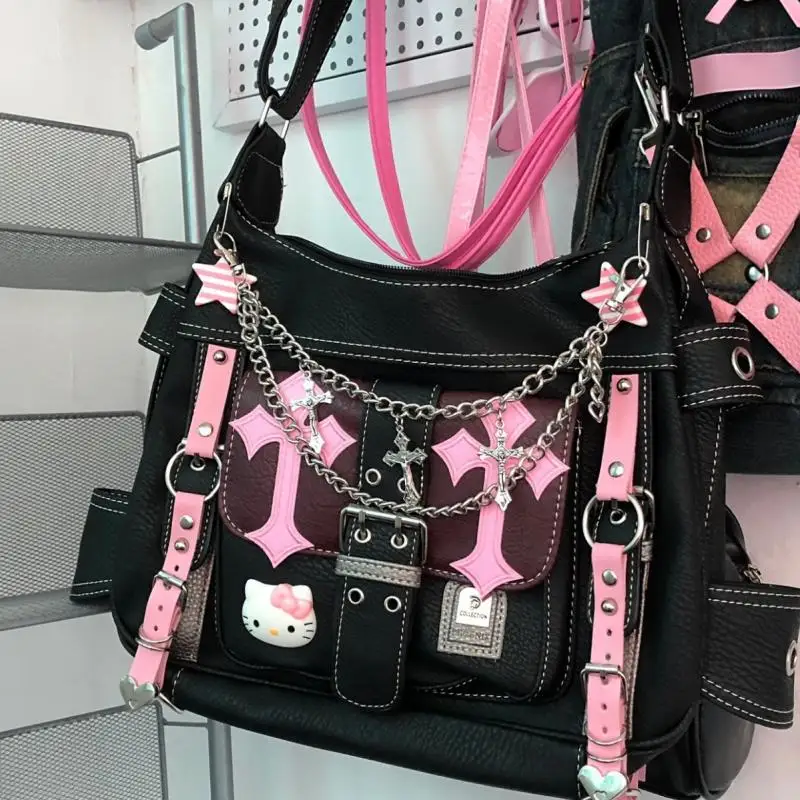 

Hello Kitty Kawaii Y2K Pink Handbag Cartoon Anime Cross Print Chain Star Accessories Portable Cute Girl Storage Crossbody Bag