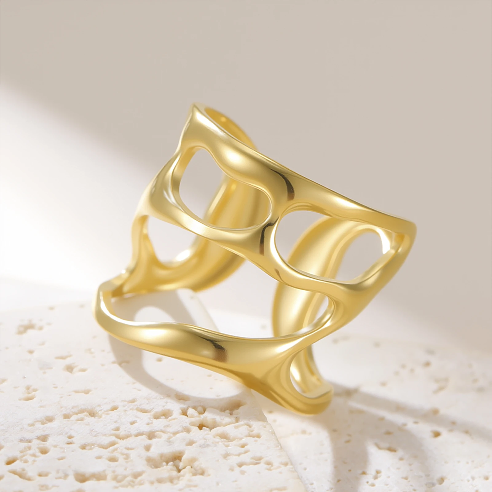 COOLTIME Edelstahl Wasserdicht Ring Mode Vergoldet Unregelmäßige Hohl Offene Ringe Multi-schicht Anillos Schmuck – Detail 8