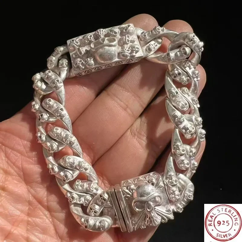 S925 Vintage Chinese Style Tibetan Silver Skull Bracelet, Hip-Hop Personalized Jewelry, Fashion Gift for Men & Women