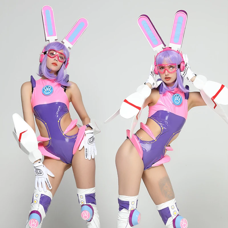 Sexy Hollow Out Bodysuit Rabbit Outfit Nightclub Bar Dancer Stage Costume Cosplay Clothes Jazz Dancewear Rave Clothing DL10143