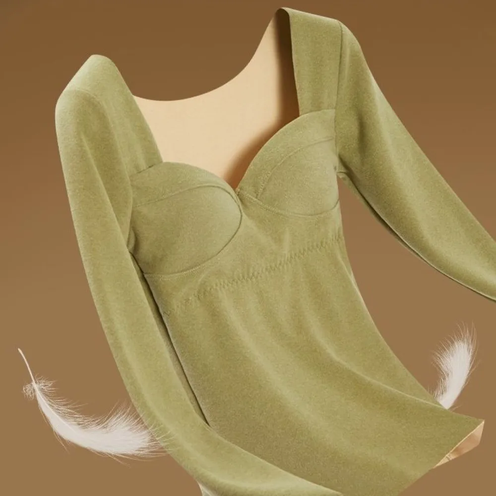 

V Neck Women Thermal Clothes Invisible Solid Color Thermal Underwear Lingerie Velvet Fleece Warmth Long Tops Undershirt