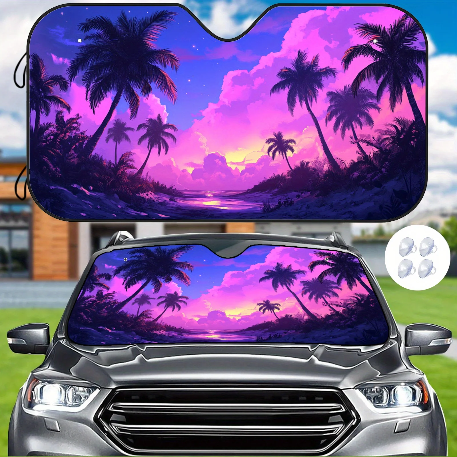 

1pc Tropical Palm Tree Sunset Car Sunshade - Dreamy Purple & Pink Sky Design, Heat-Resistant, Scratch-Proof, Keeps Vehicle Cool,