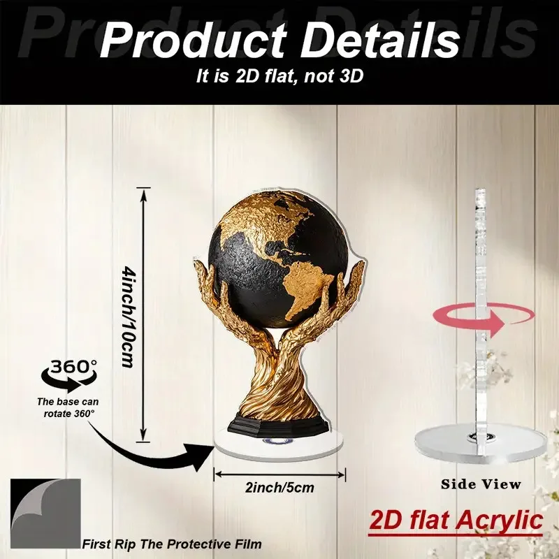 2D Flat, Handmade Rotating Globe Desk Decor - Golden World Map with Non-Electric Spinning Base, Suitable for Home Office Decorat