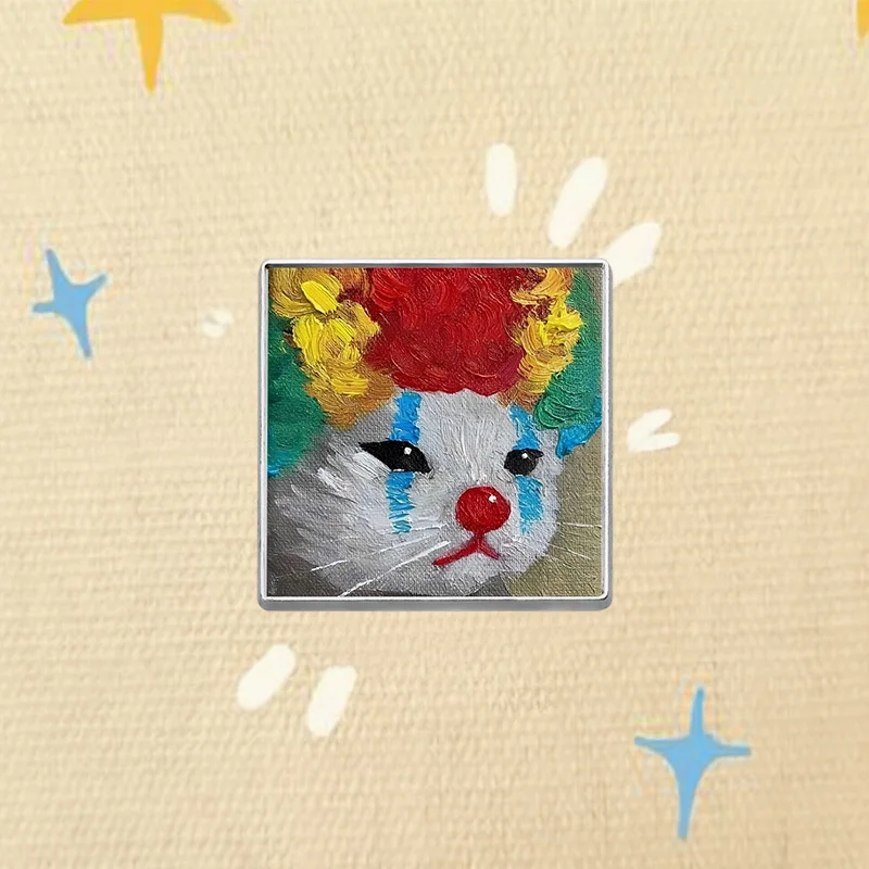 Funny Joker Cat UV Printing Pin Brooch Thick Paint Stroke Circus Kitty Red Nose Meme Animal Lapel Badge Weird Art Accessory Gift