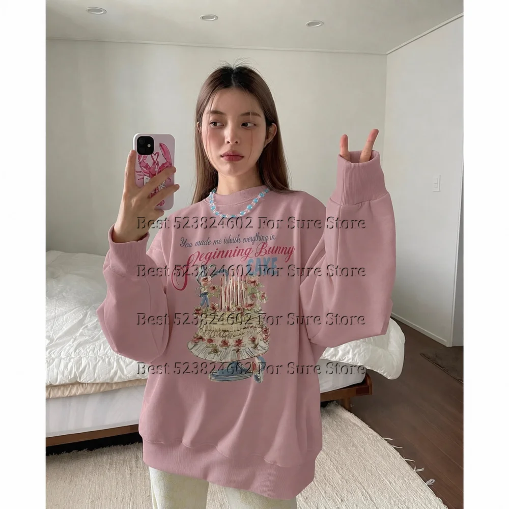 Y2K Vintage Cake Letter Print Women Sweatshirt Plus size Loose Fit Crewneck Pullover Long Sleeve Preppy Spring Autumn Clothes