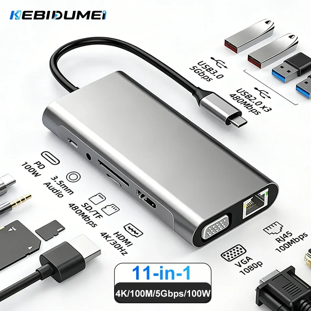 KEBIDUMEI USB C Hub Type C to 4K HDMI 1080P VGA 100Mbps Ethernet SD TF Card Reader USB 3.0 5Gbps Docking Station for PC Macbook