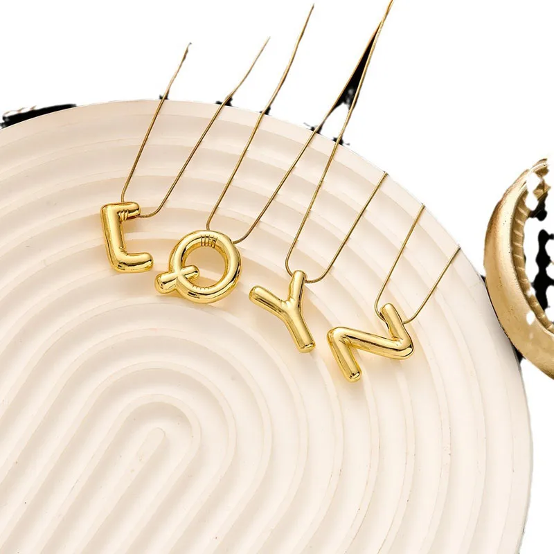 Stainless Steel Chain Gold Color Letter Necklaces Chunky Alphabet Balloon Bubble Initial Pendant Necklace for Women Men Jewelry