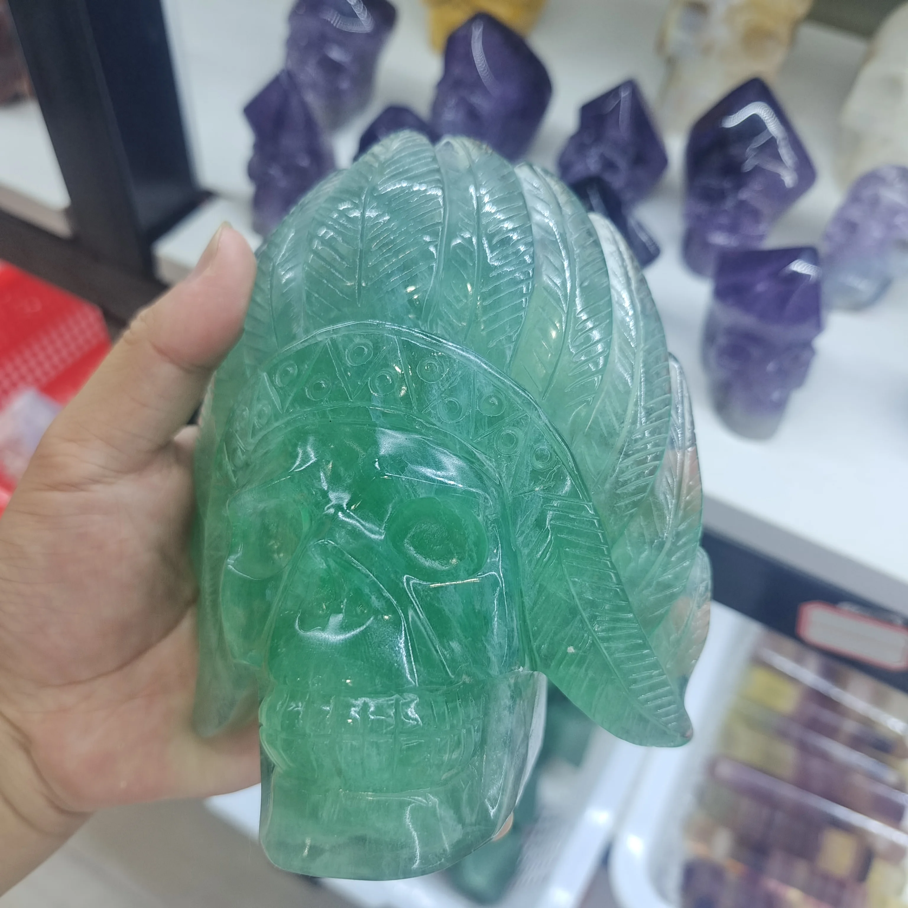 14cm Natural Green fluorite Gemstone Carved Crystal Indian Chief Crystal Skulls Ornament Home Decoration Indian Skull Accessorie