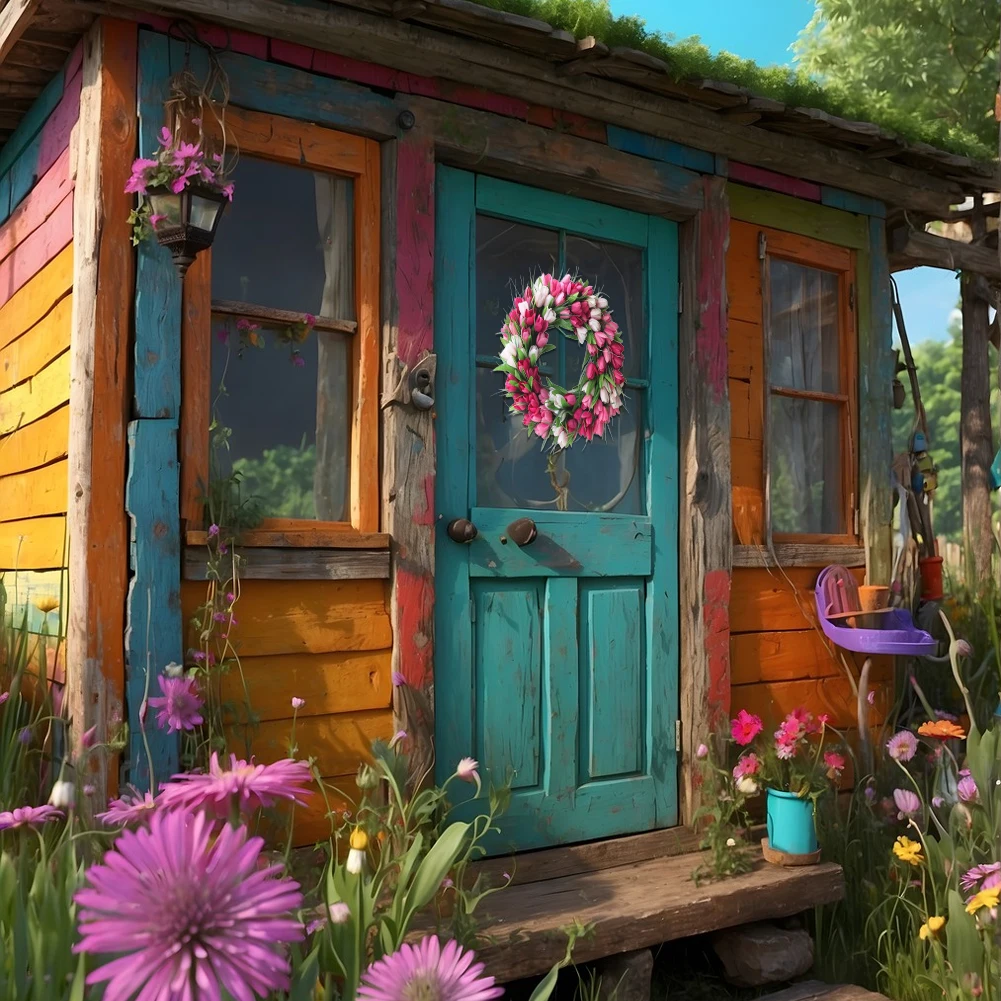 Wieniec kwiatowy z tulipanami o średnicy 40 cm na drzwi wejściowe, wieńce walentynkowe, sztuczne dekoracje na Dzień Matki, na ścianę, okno, imprezę, wesele.