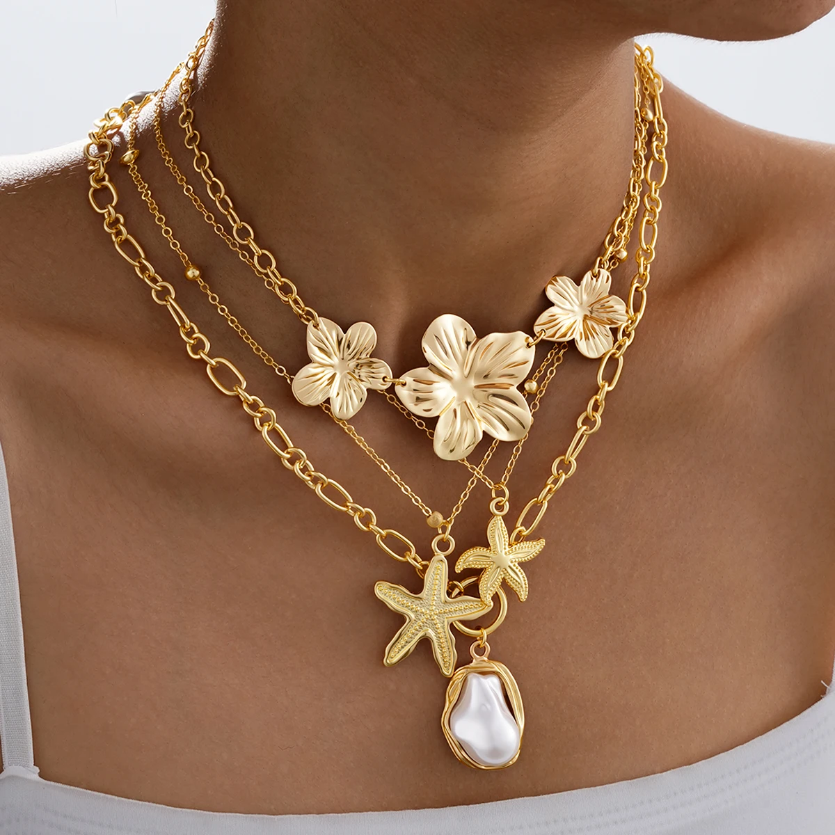 New Flower Starfish Imitation Pearl Pendant Necklaces for Women Fashion Gold Color Multilayer Necklaces Sets Party Jewelry Gifts