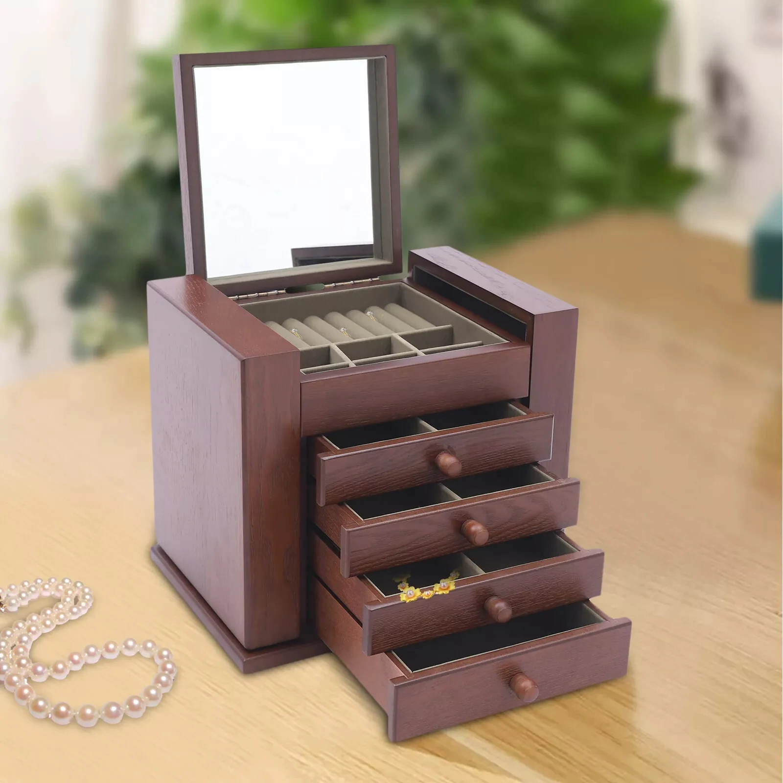 

Vintage Wooden Jewelry Storage Box, 5 Layers with 4 Drawers Organizer