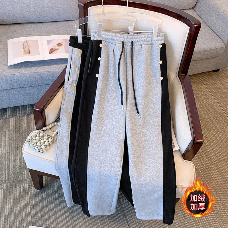 160Kg Plus Size Women's Winter Fleece Trousers With Feet Elastic Waist Solid Casual Pants Black Gray 6XL 7XL 8XL 9XL