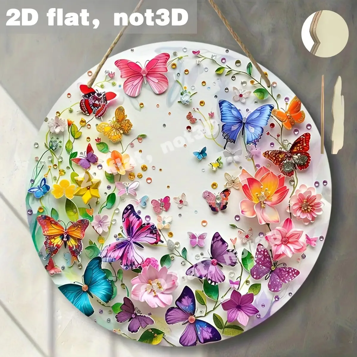 2D flat - circular wooden hanging decoration, 2D butterflies and flowers as the theme, living room, home