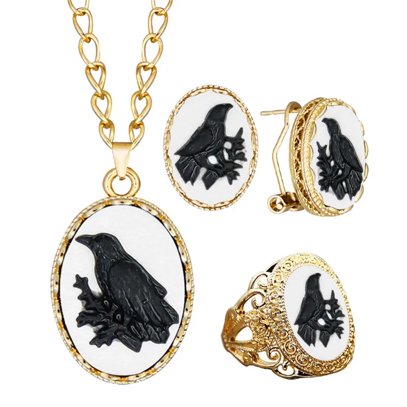 Corvid Cameo Necklace Earring Ring Sets For Women Gold Color Resin Bead Fashion Victorian Animal Crow Jewelry
