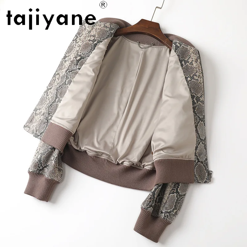 TAJIYANE Sheepskin Genuine Leather Jacket Women Snake Print Baseball Jackets Cropped Outerwear Stand Collar Leather Coat Vintage