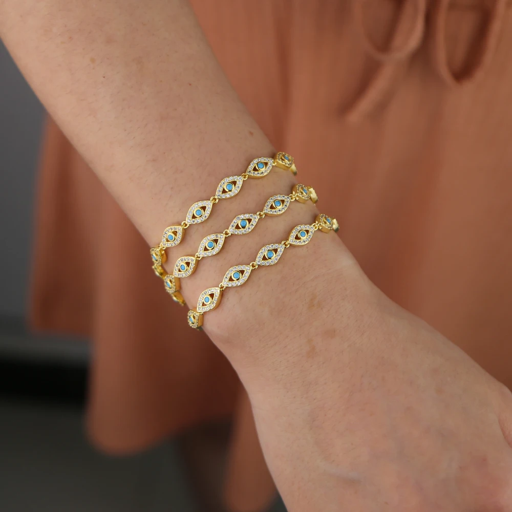 15+4cm gold color filled micro pave cz lovely turkish evil eye charm beads linked bracelet for girl women fashion jewelry