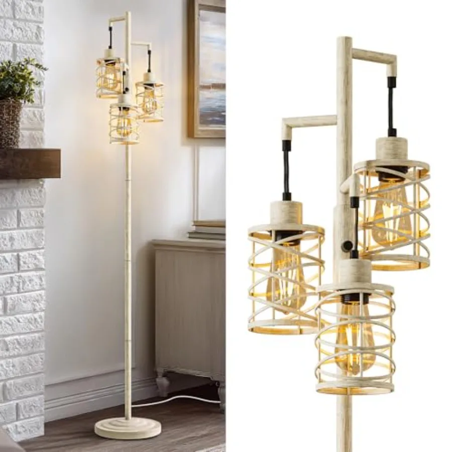 

70" Farmhouse Dimmable Floor Lamp, Rustic Industrial Metal Cage Standing Lamp with 3 LED Bulbs, Stepless Dimming Tall Tree Lamp