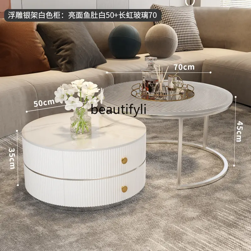 Stone Plate Son and Mother Changhong round Glass Coffee Table Simple Combination Living Room Home Small Apartment