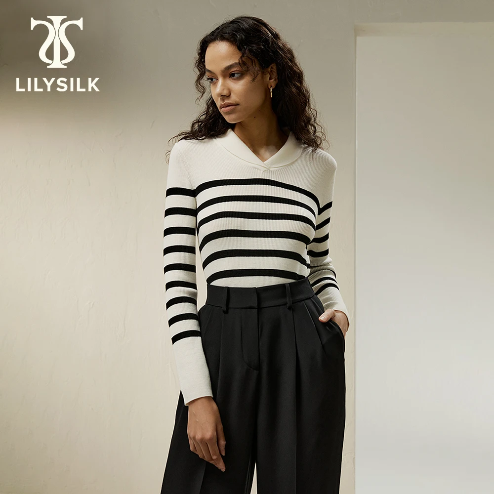 LILYSILK Striped Wool Sweater for Women 2023 Fall New Long Sleeve Shawl collar Skinny Top traf Knitwears Clothing Free Shipping