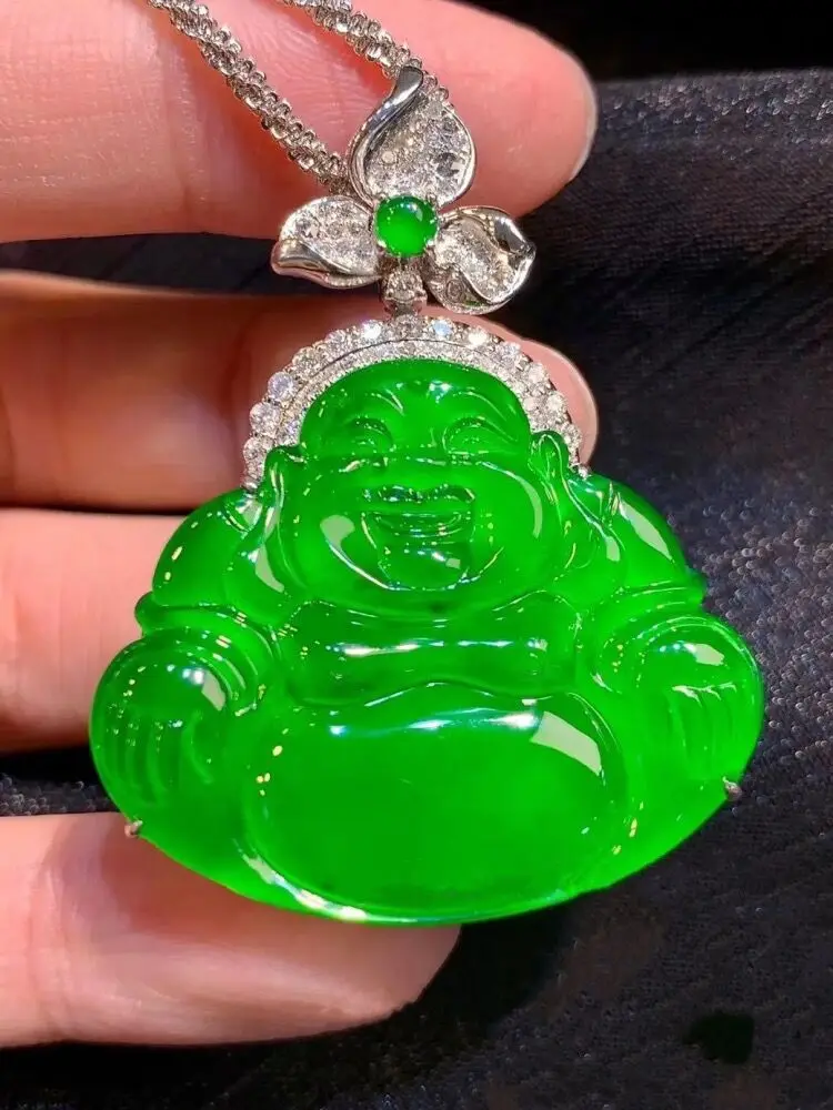 Imperial , Ice-Quality Sun-Green Laughing Jadeite Maitreya Buddha, 18K Gold Inlaid Jade Pendant