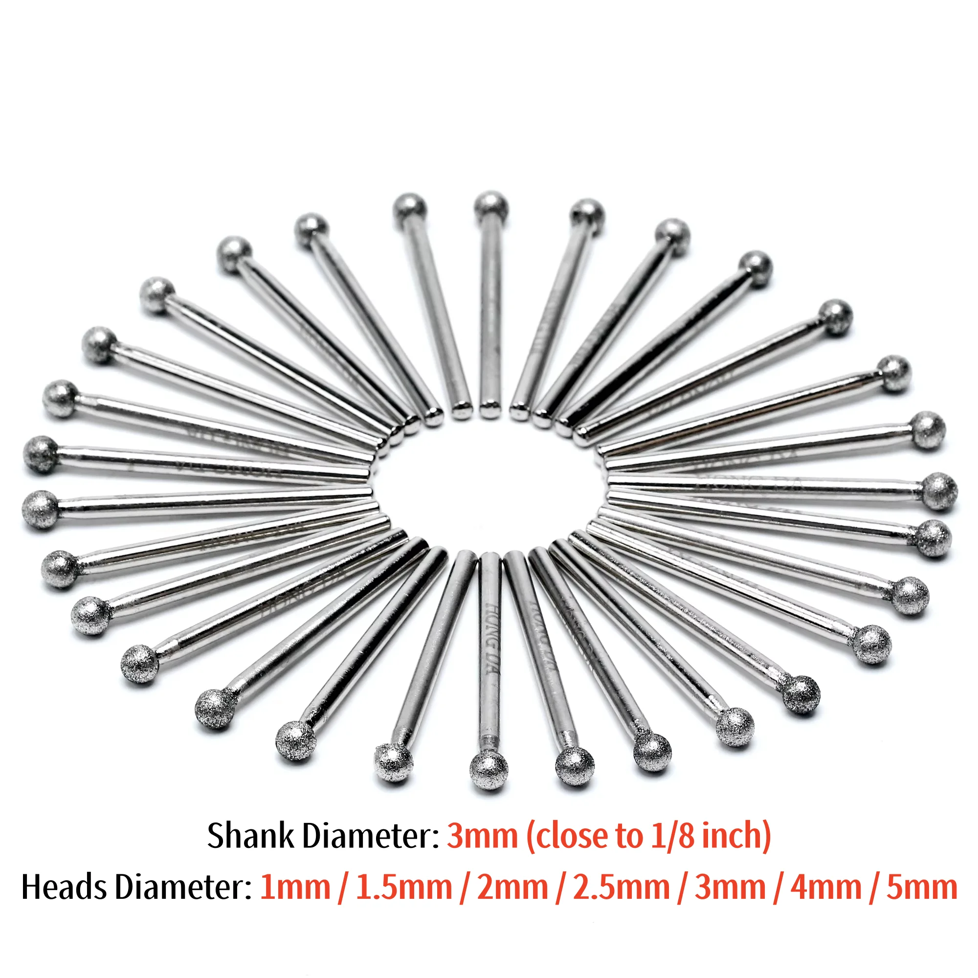 30Pcs 1-5mm Diamond Coated Spherical Ball Mounted Points 3mm Shank for Dremel Rotary Tool Jewelry Stone Glass Grinding Carving