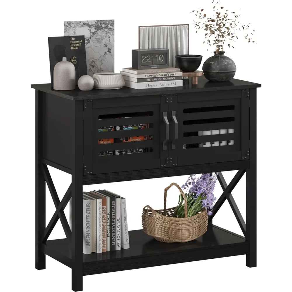 Black Console Table with Charging Station, 35.4 L x 17.7 D x 31.49 H Coffee Bar Cabinet with Storage, Sideboard Buffet Cabinet
