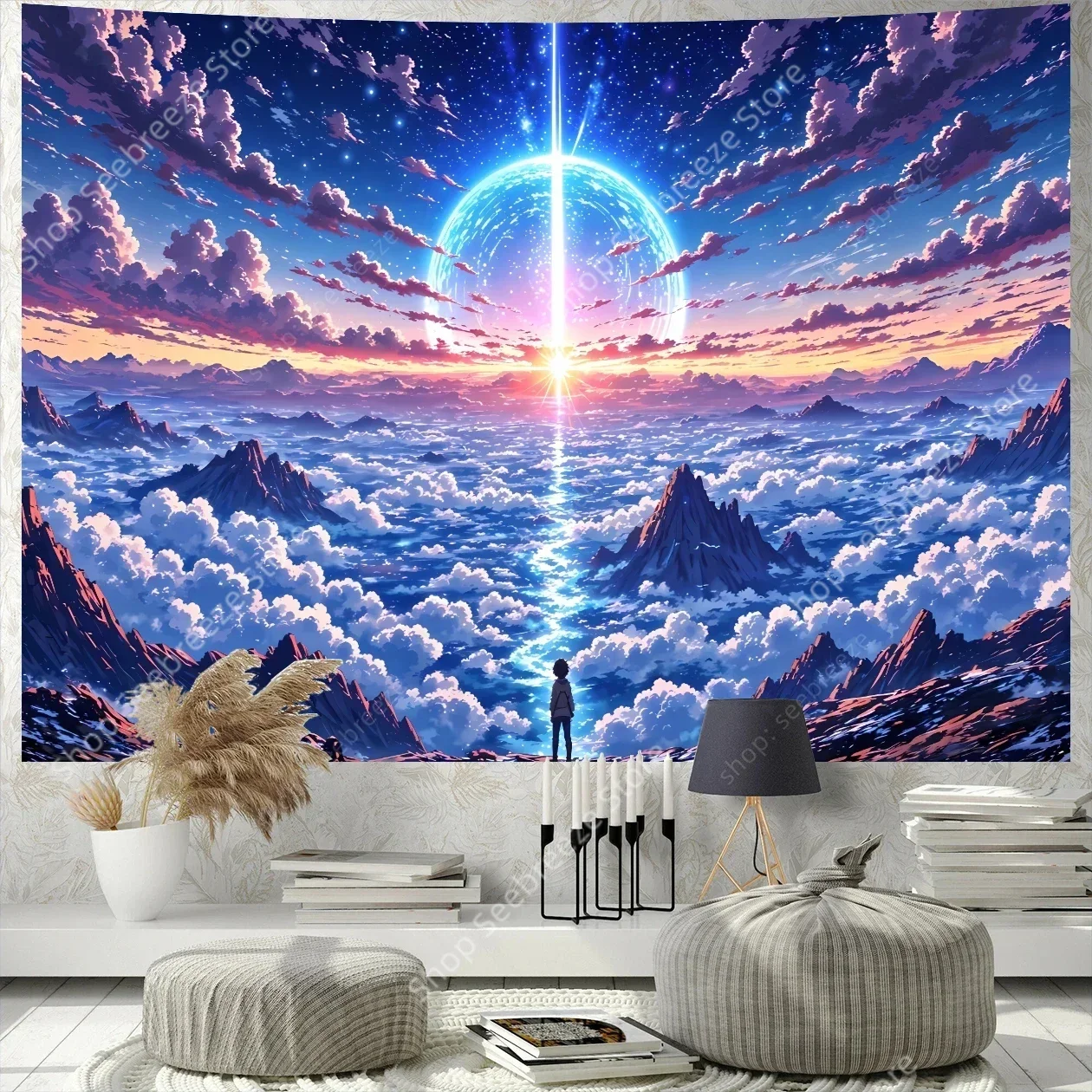 Celestial Glowing Orb Mountain Tapestry Ethereal Cosmic Wall Art Modern Home Decor Fantasy Adventure Vibrant Sky Landscape