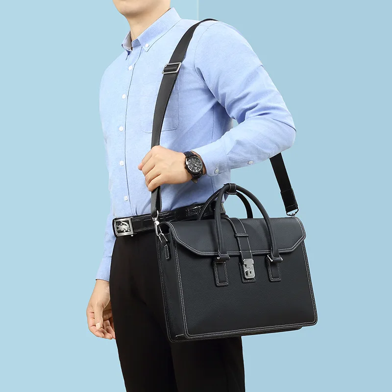 New Leather Men's Bag, Fashionable Business Document Cover, Layered Cowhide Computer Bag, Large Capacity Men's Handbag