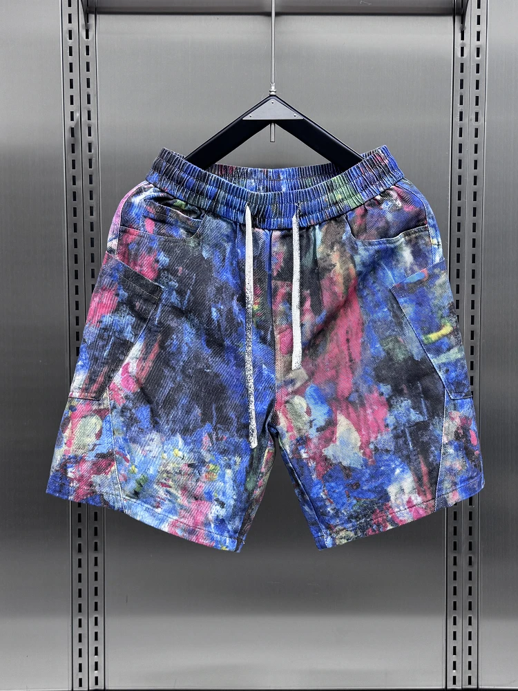 

Мужские повседневные свободные рабочие шорты из канваса Waed, летние, 2025, новые, в американском ретро-стиле, с принтом «мазки маслом», для отдыха