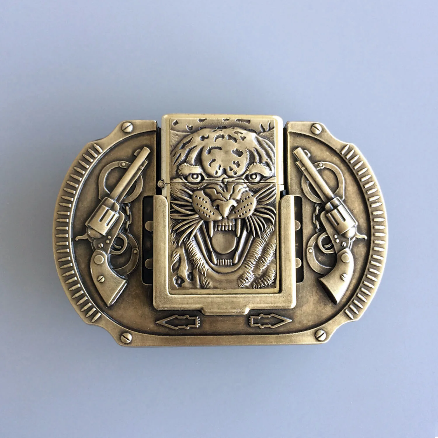 

Wilderness Apex Tiger Totem Belt Buckle - Vintage Bronze Heavy-Cast Animal Shield BUCKLE-LT016AB