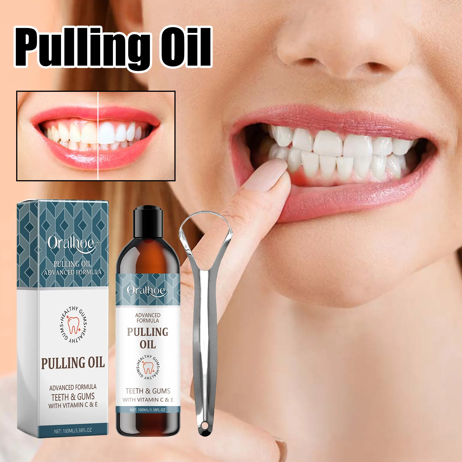 Coconut Mint Pulling Oil Mouthwash Clean Fresh Oral Breath Odor Removal Tongue Scraper Set Alcohol-Free Whiten Tool Mouth Care