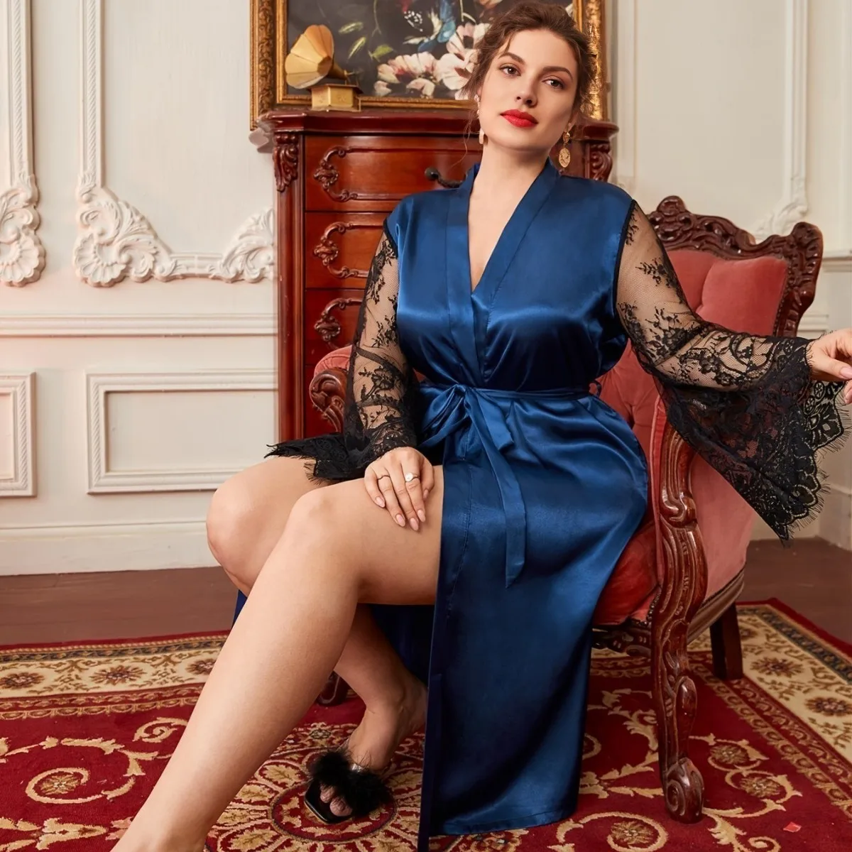 네이비 블루 가운 여성 플러스 사이즈 3Xl 4Xl 5Xl 잠옷 섹시한 메쉬 슬리브 기모노 Nightdress 느슨한 잠옷 여성 Loungewear