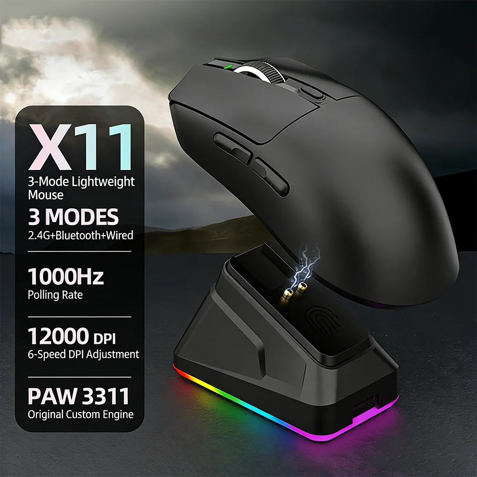 Souris de jeu sans fil 2026 - Tri-mode (2,4 GHz/Filaire/Bluetooth) Capteur PAW3311 RGB Souris de jeu PC Connexion Station de charge magnétique