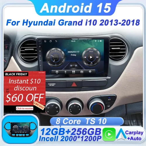 Radio de coche Android 15 para Hyundai Grand i10 i 10 2013 2014 2015 2016 2017 2018 Carplay Auto Multimidia reproductor de vídeo unidad principal BT