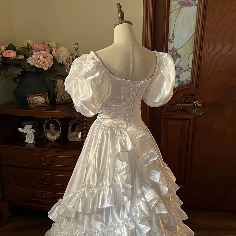 AnXin SH classic white satin princess sweetheart short puff sleeve ruffles bride lace up prom party customized wedding dress