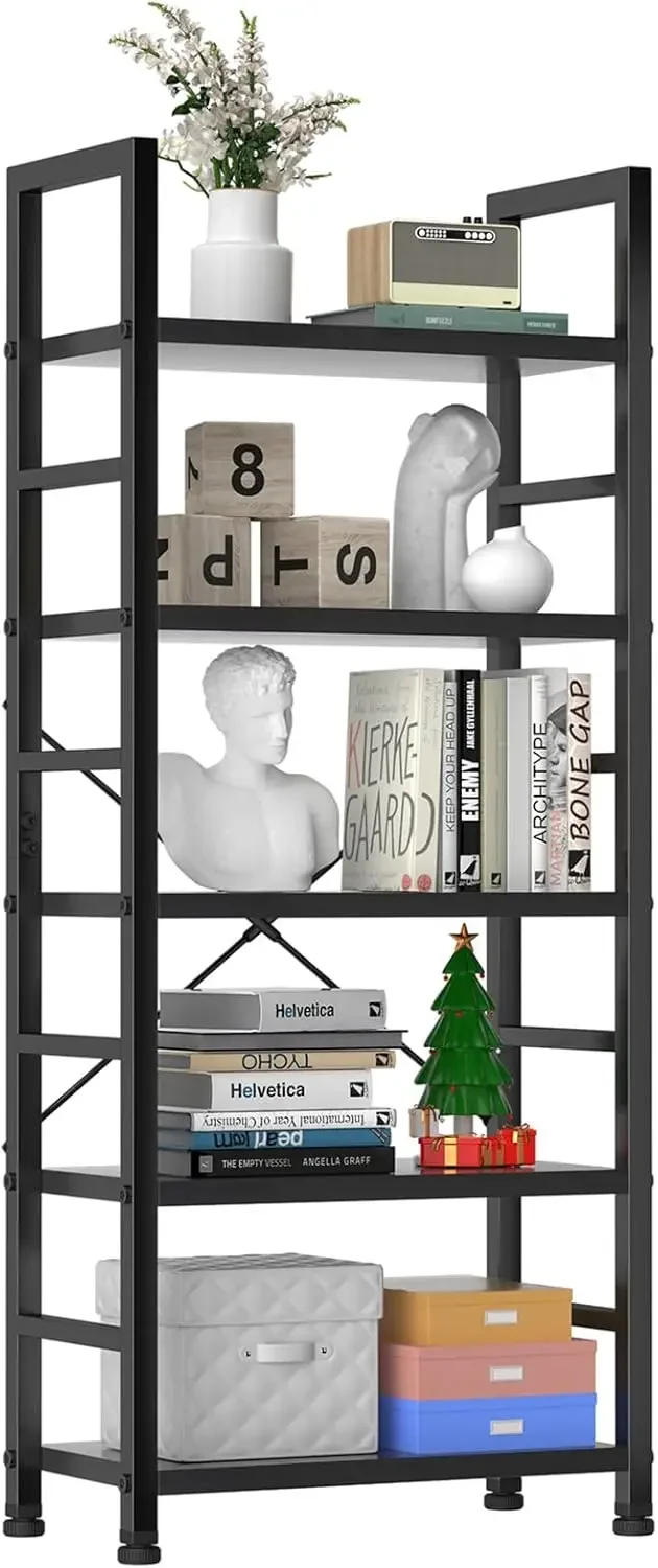 Book Shelf, 5 Tier Bookcase, Tall Bookshelf Modern Book Case for Books, Garage Kit, CDs, Movies, Black Industrial Corner Storage