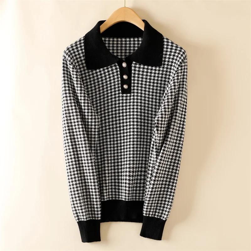 

Autumn and winter new 100% pure cotton Polo collar knitted sweater women's checkered pullover loose Korean version women's top