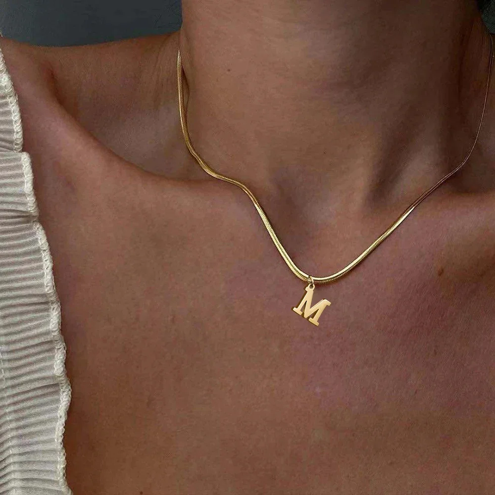 A-Z Alphabet Gold Plated Stainless Steel Pendant Necklace for Women Snake Chain Initial Letter Clavicle Necklaces Collar Jewelry