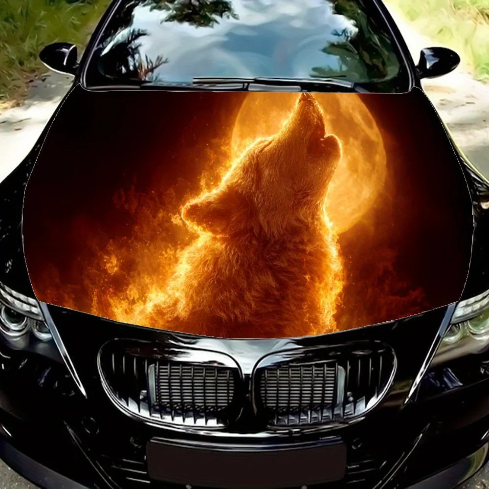 

Fiery wolf howling at orange sun car hood vinyl wraps sticker,auto exterior protective sticker,waterproof self-adhesive car pack