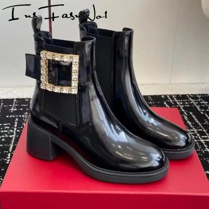 

Fashion Chunky Heek Platform Rhinestones Women Ankle Boots All Match Casual High Heel Chelsea Boots Belt Buckle Knight Boots New